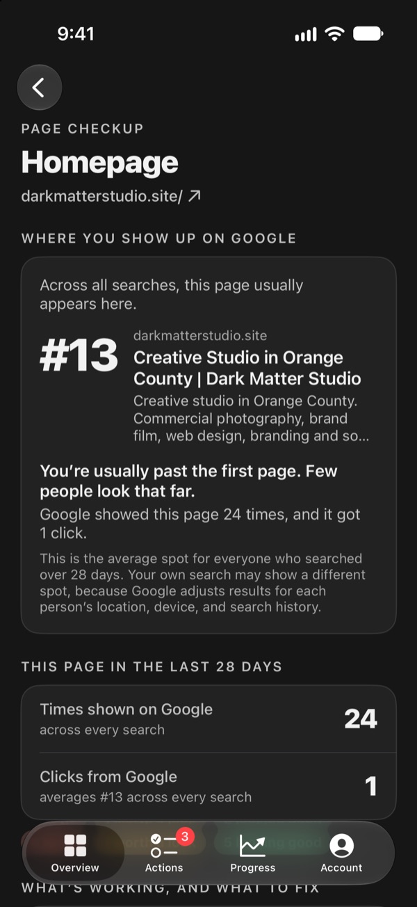 SEO Machine on iPhone: a page checkup showing where the homepage usually appears on Google, in plain words